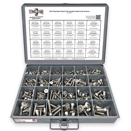 Boltsandnuts.Com 18-8 Stainless Steel Flat Socket Head Cap Screws Coarse Thread - 453 pcs Assortment Kit #177